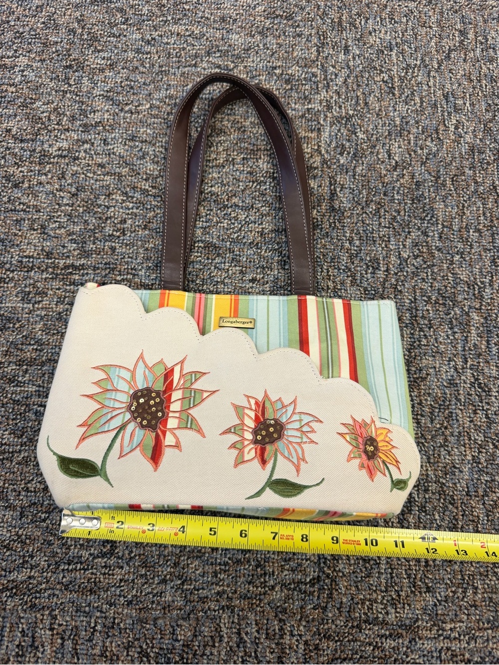Longaberger Cream Canvas Floral Appliqué Tote with Multicolor Stripes Sunflower - Picture 6 of 12